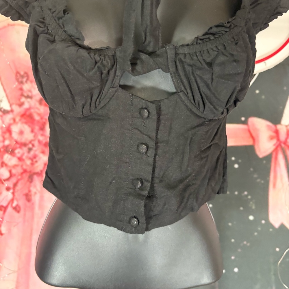 Princess Polly Black Puff-Sleeve Tie-Front Crop Top Sz 6 - Picture 9 of 12